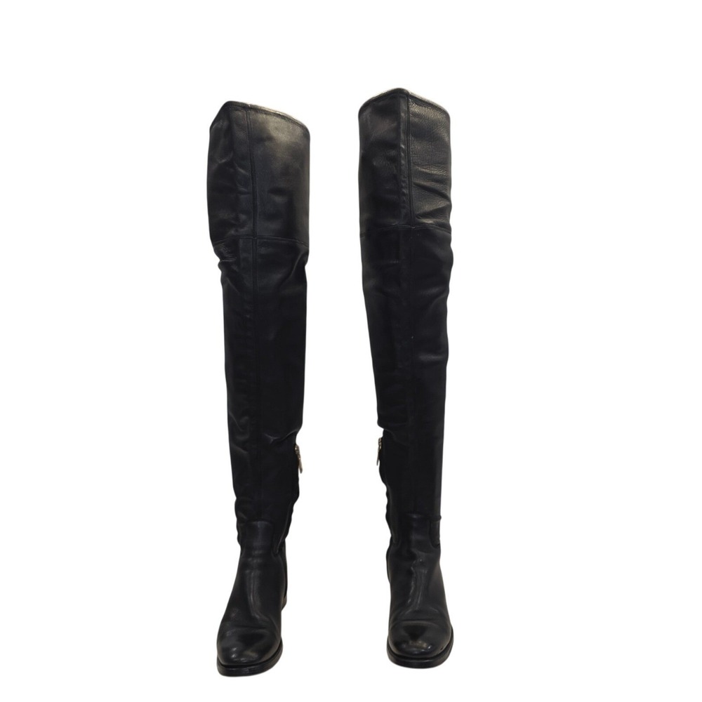 Prada Black Leather Boots size 6.5 Over The Knee Boots Thigh High Side Zip Gold